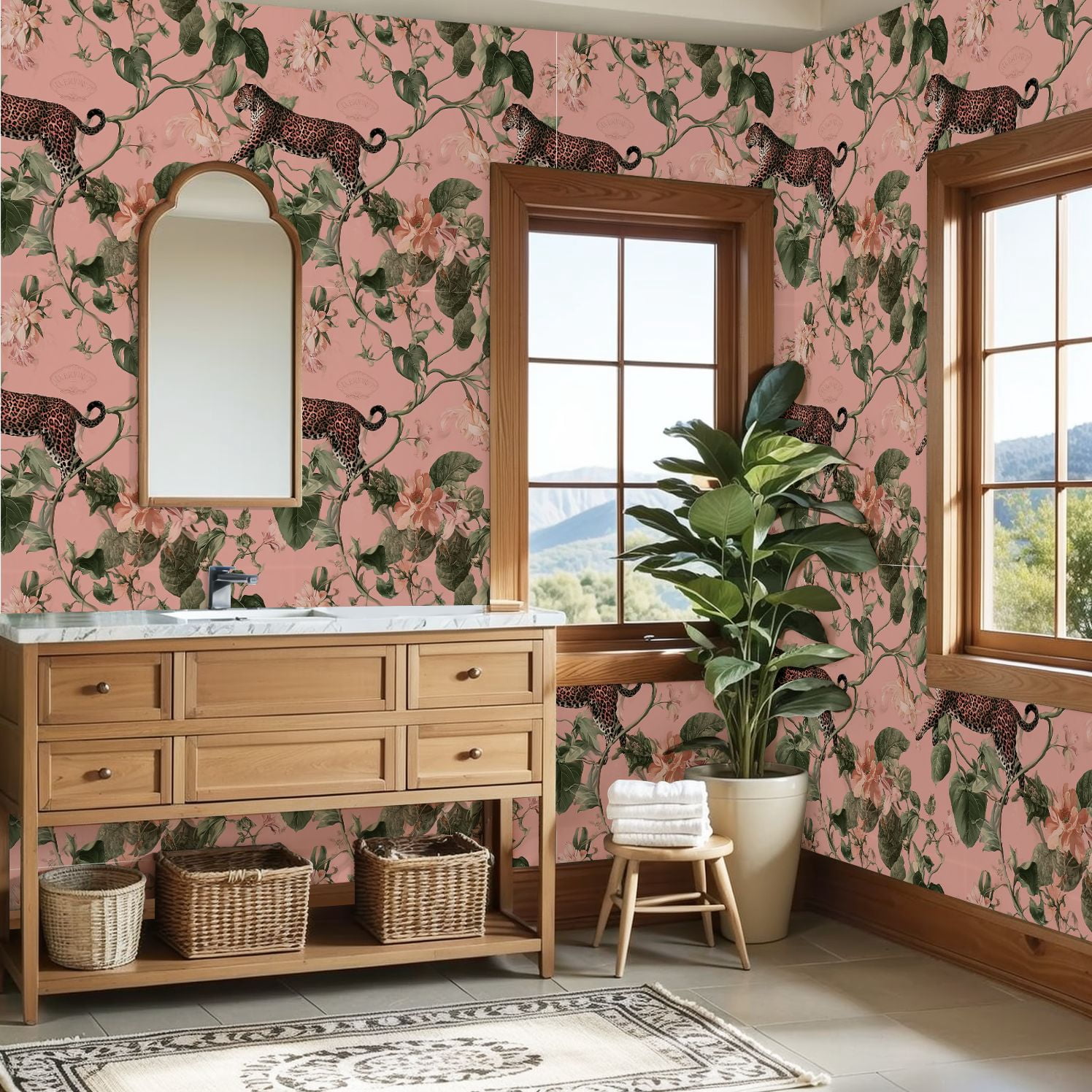 Peel and Stick Wallpaper Leopard Floral Botanical Soft Pink Wall Mural 23.6in x 9.8ft Self Adhesive Removable Wall Paper Renter Friendly Wallpaper for Nursery Bedroom Cabinets