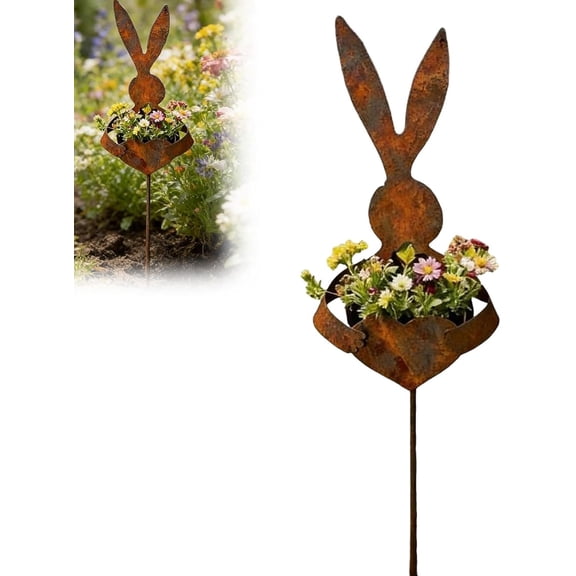 Easter Vintage Metal Rabbit Shaped Planter Garden Stake, Rusty Easter Metal Garden Stakes, Rustic Patina Finish Bunny Decor for Outdoor Garden Yard, 35.43 Inch (1pcs)