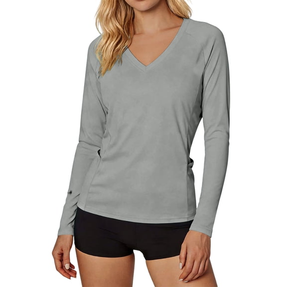 Plcasen Long Sleeve Workout Tops for Women Protection Sun Shirts Dry Fit Athletic Running Gym Tshirt, V-Neck