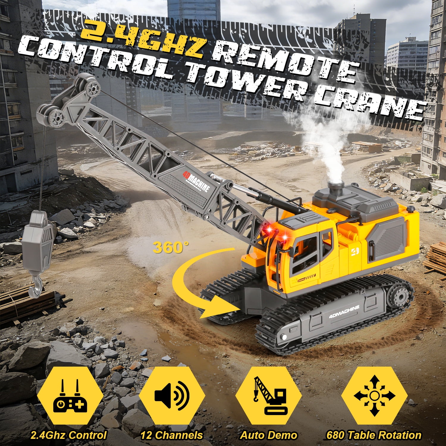 Freecat RC Crane Toy for Boys 3-8 Years, 1:18 Scale Remote Control Construction Vehicle with Light & Sound, Rechargeable STEM Educational Toy, Kids Construction Truck Gift for Birthday Christmas.
