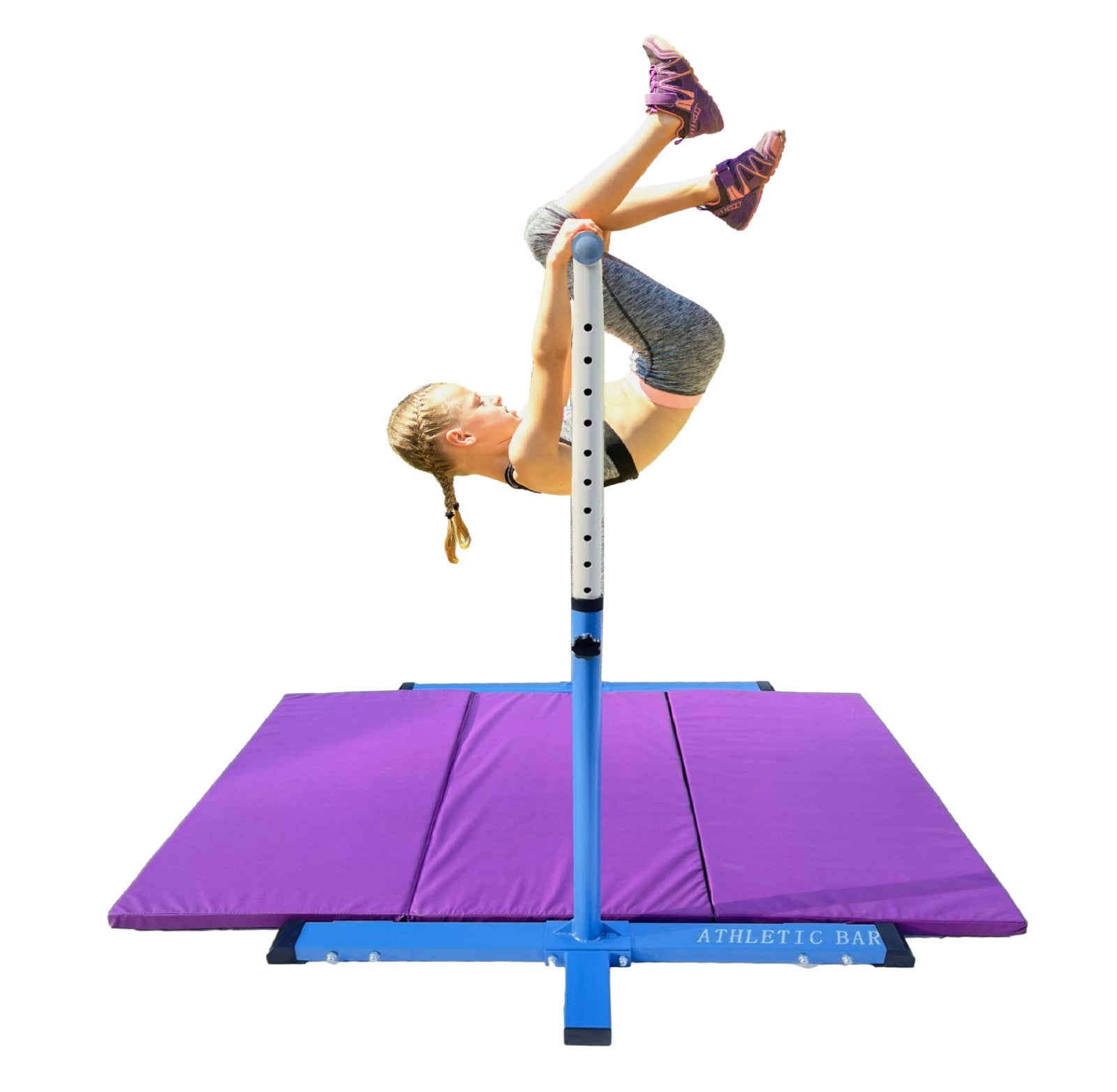 Kids Expandable Gymnastics Kip Bar with Mat Adjustable Height 2 in 1 Set Blue