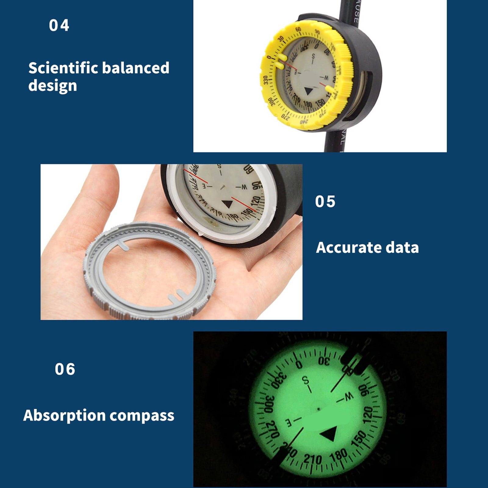 Diving Compasses with Pipe Clamp Designs, Compasses Glowing Compasses Night Waterproof Underwater Navigations Compasses