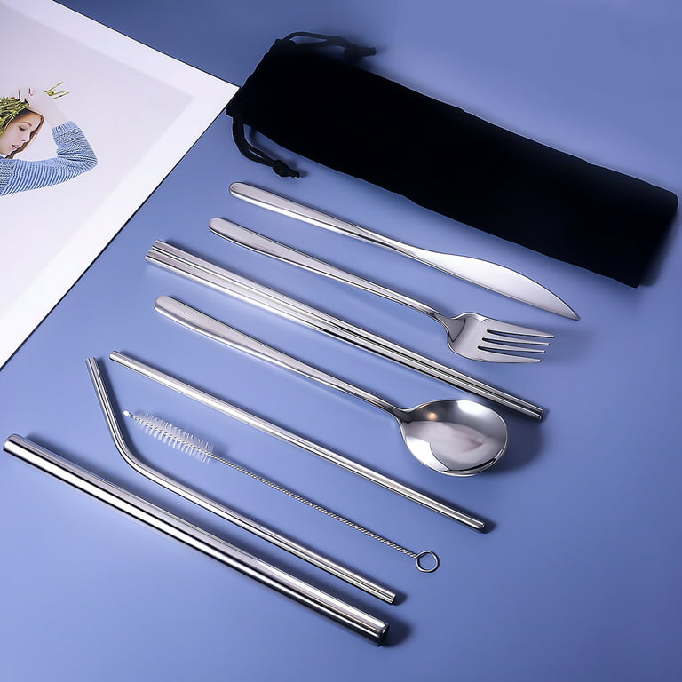 Portable Utensils Set with Case, Travel 18/8 Stainless Steel Spoon and Fork Set with Case, Spoon and Fork Set for Lunch Box, 3 Pcs Steak Knife,Fork