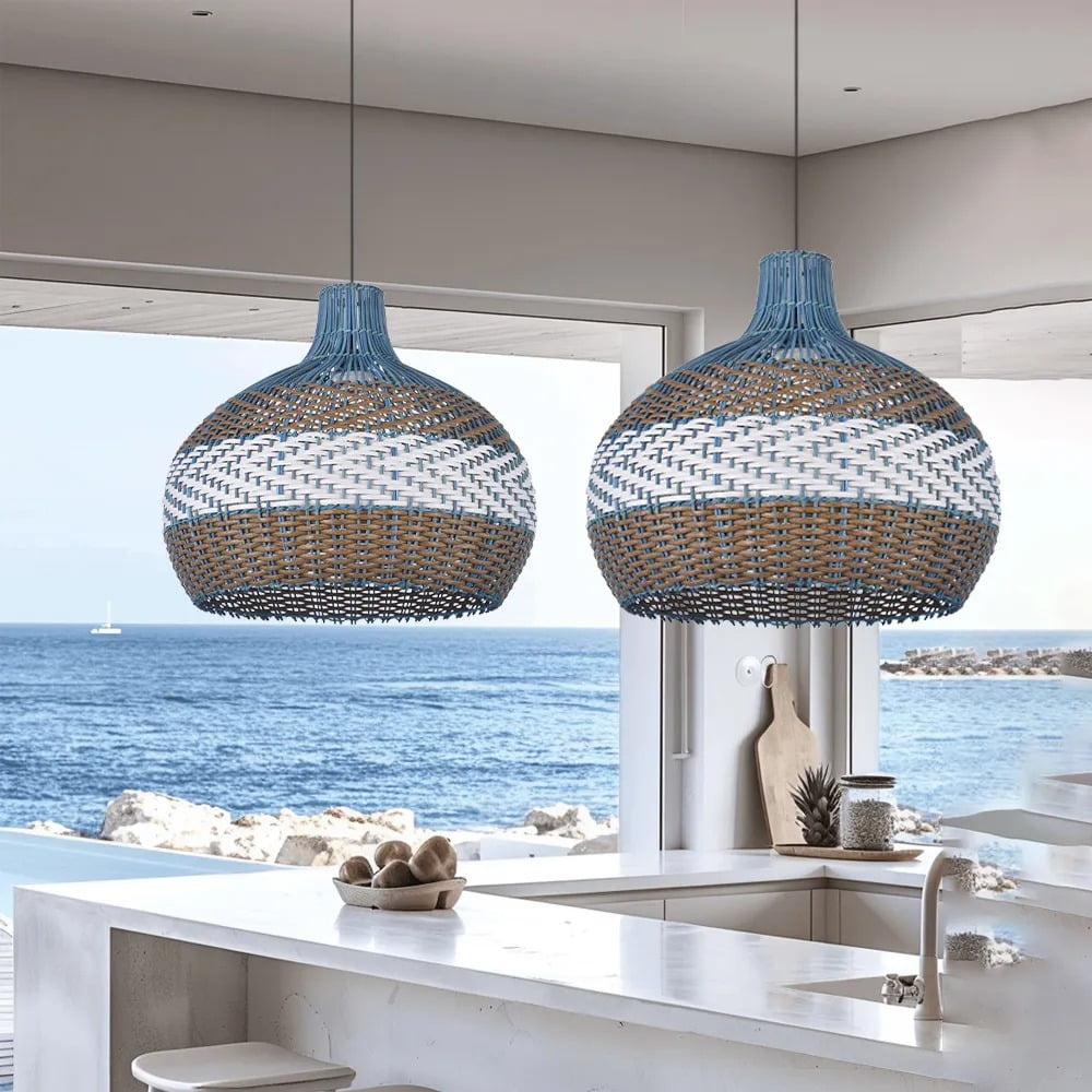 LittleGlovo Classic Blue Rattan Pendant Light Shade Quality Handmade Kitchen Island Dining Room Hanging Ceiling Chandeliers