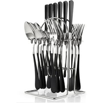24 Pieces Flatware Set, Stainless Steel Cutlery Set with Silverware Holder, Black Spoons Forks Knives Set, Hanging Silverware Set Service for 6, Durable Stainless Steel Utensils Set
