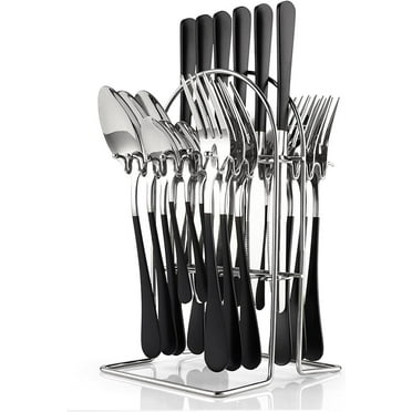 24 Pieces Flatware Set, Stainless Steel Cutlery Set with Silverware Holder, Black Spoons Forks Knives Set, Hanging Silverware Set Service for 6, Durable Stainless Steel Utensils Set