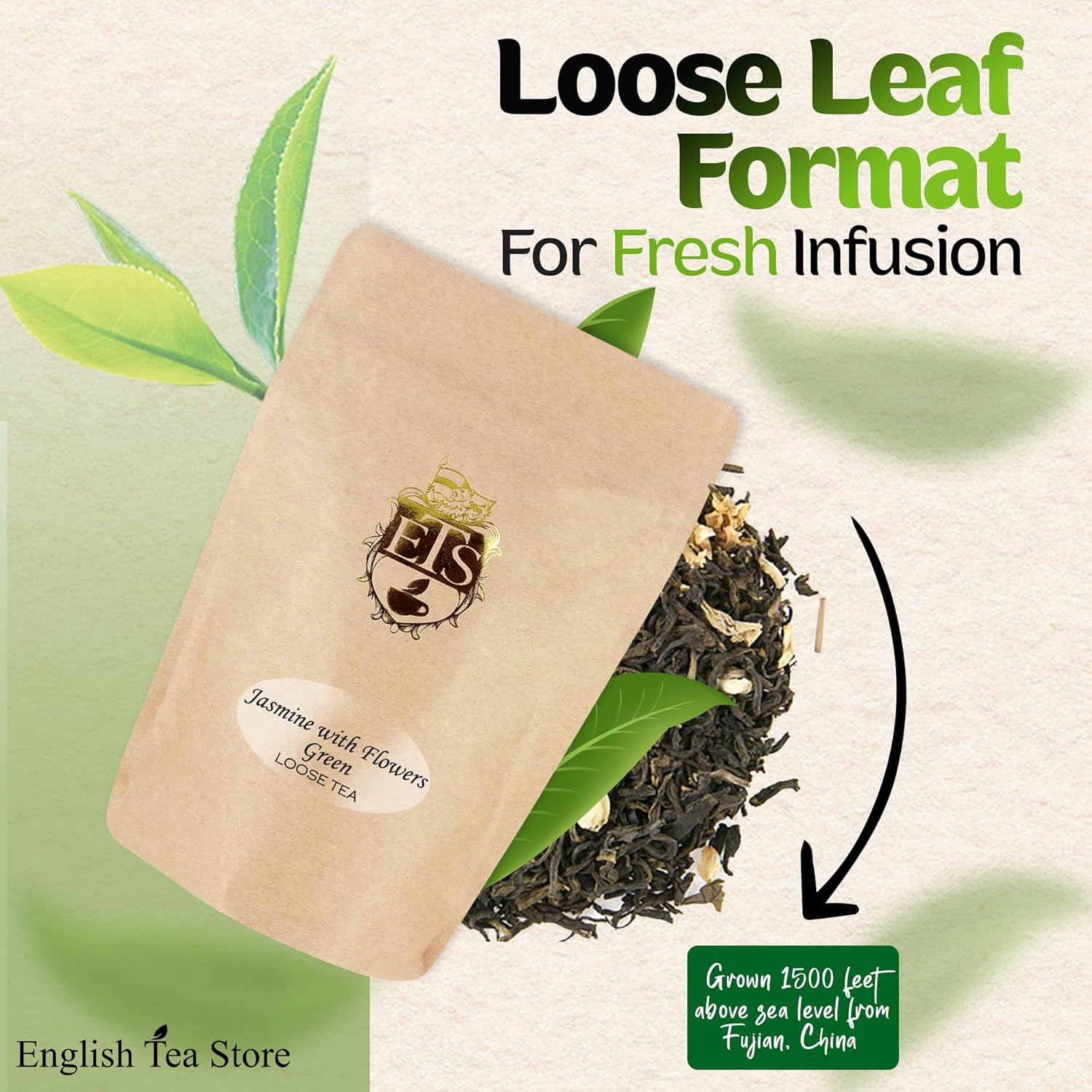 Jasmine with Flowers Green Tea | Loose Leaf Tea Pouch - 16oz Bulk Bag | Premium Floral Blend from Fujian China | Soothing Aroma | Steamed Green Tea | English Tea Store