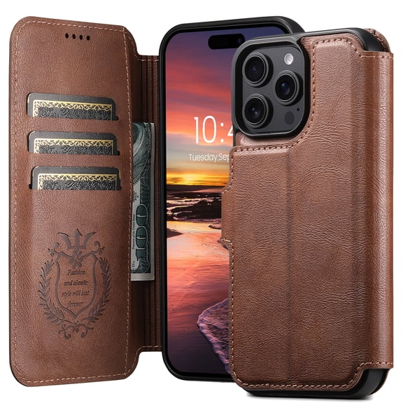 for iPhone 14 Pro Max Detachable Wallet Case, PU Leather Magnetic Cover Support Wireless Charging & Magnetic Car Mount, Card Slots Holder, Flip Stand, Folio Full Body Protective Phone Shell, Brown