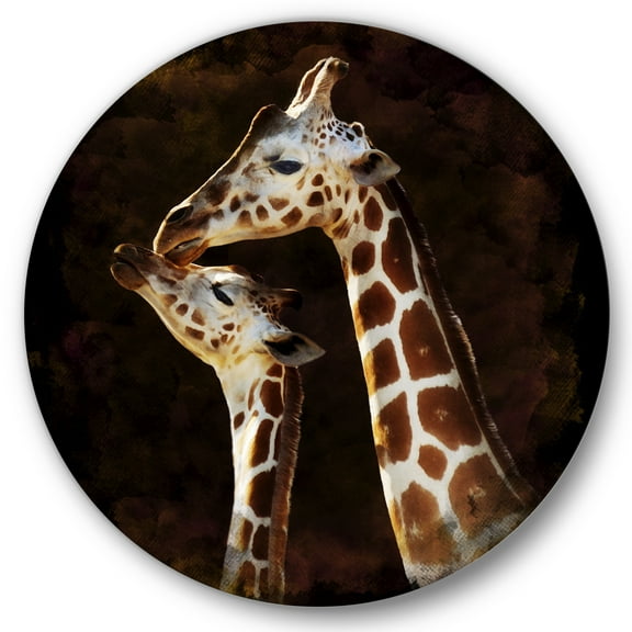 Designart 'Close UP Of Two Giraffes Kissing I' Farmhouse Circle Metal Wall Art 36x36 - Disc of 36
