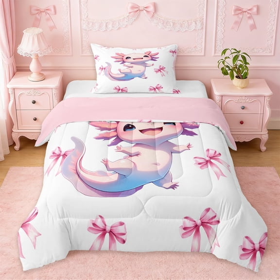 Erosebridal Cute Axolotl Twin Comforter Sets For Kids,Pink Girly Bow Bedding Set For Girls,Pink Reversible,2pcs