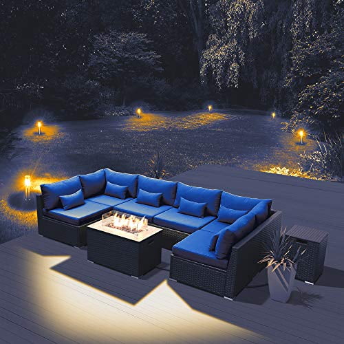 Dineli Patio Furniture Sectional Sofa With Gas Fire Pit Table Outdoor Sets Propane Royal Blue Rectangular Com Dineli Patio Furniture Sectional Sofa, Dineli Patio Furniture Sectional Sofa With Gas Fire Pit Table Outdoor