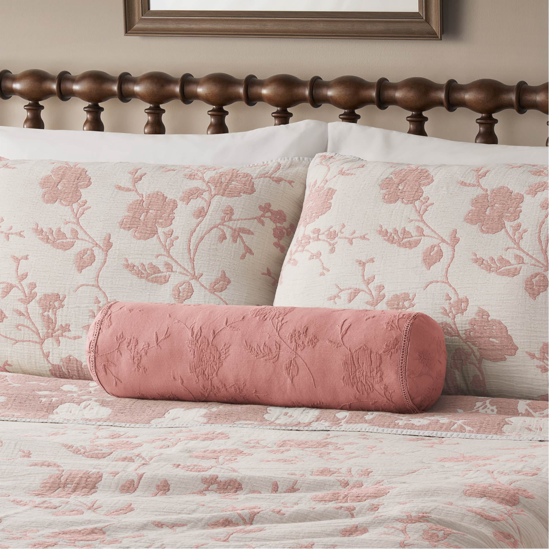 The Pioneer Woman Pink Matelassé Floral Crochet Trim Decorative Bolster Pillow