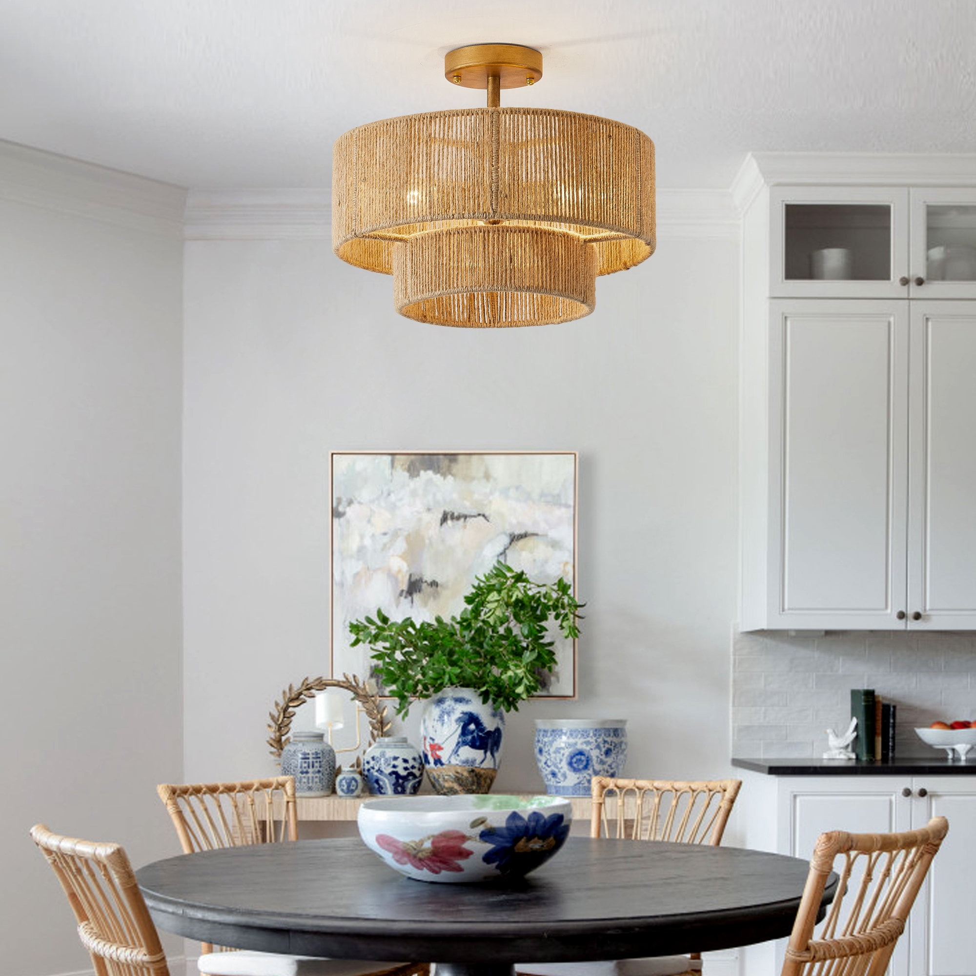 Parrot Uncle 15.4" Boho Hemp Rope Semi-Flush Mount Retro Gold Ceiling Lights Fixture