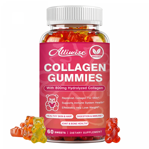 Alliwise Collagen Gummies, Promotes Hair, Nail, Skin, Bone and Joint Health, 800mg Per Serving