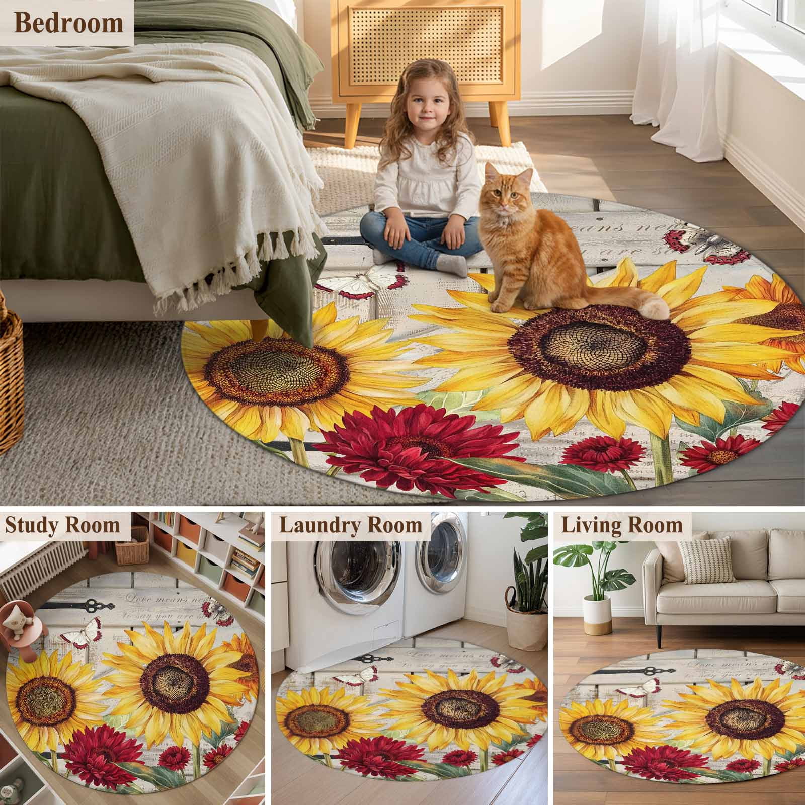 Round Area Rugs Collection 3 Ft, Red Yellow Sunflowers Non-Slip Residential Carpet, Retro Rustic Barn Doors Butterfly Brown Indoor Crawling Mats Doormat Runner Rugs Play Mat forBedroom