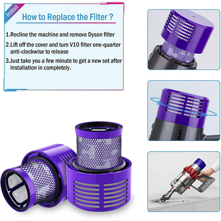 Lot de 3 filtres de rechange pour aspirateur Dyson V10 Cyclone Series, V10  Animal, V10 Total Clean, V10 Absolute, SV12