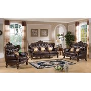 Cherry finish Wood Brown Leather Set 3Pcs Traditional Cosmos Furniture Vanessa