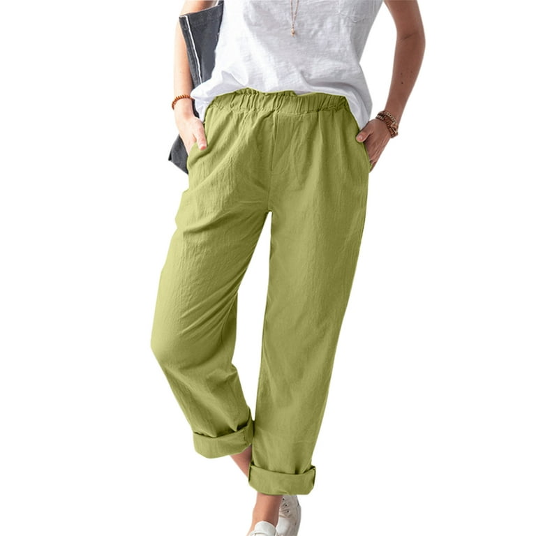 EHQJNJ Cotton Joggers for Women with Pockets Women Solid Tightness Cotton  Linen Trousers Pocket Casual Pants Clothes,Green