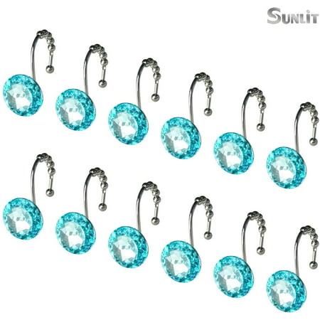 Round Teal Diamond Crystal Gem Bling, Glam Shower Curtain Rings