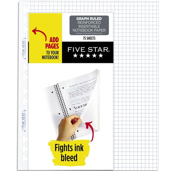 Five Star Reinforced Insertable Notebook Paper, Graph Ruled, 8.5" x 11", 75 Sheets