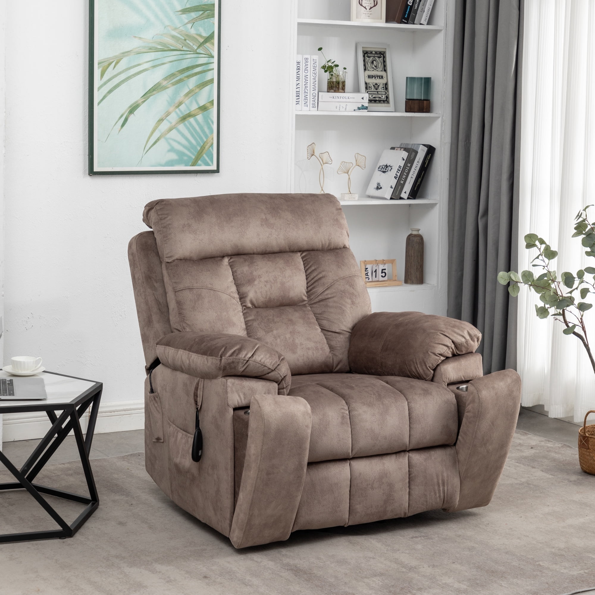 Power Lift Recliner Chair for Father/Mother Gift, 26" Wide Velvet Electric Massage Recliner with Massage & Heat, Living Room Chair, Light Brown