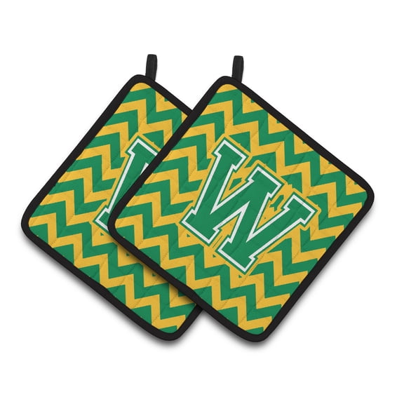 Letter W Chevron Green and Gold Pair of Pot Holders