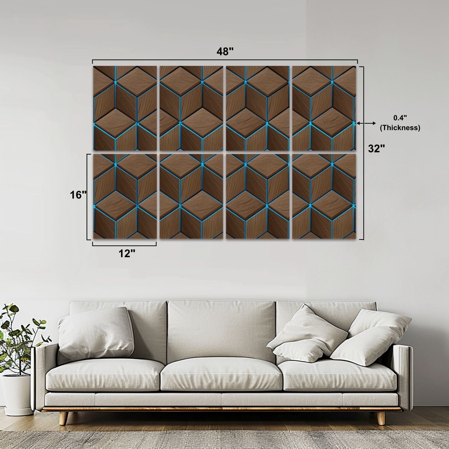 8 Pack Art Acoustic Panels Sound Absorbing Geometric Wooden Cube Tessellation Blue Lines Natural Wood Decorative Soundproof Wall Panels Self Adhesive for Nursery Game Room Bedroom 48"x32"