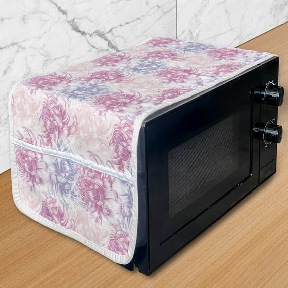 Flowers Microwave Oven Cover, Romantic Floral Design Chrysanthemum Blossoms Leaves Abstract Print Art, Water Resistant Organizer with Pockets for Kitchen, 36" x 12", Pink and White, by Ambesonne