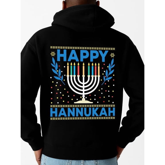 Happy Hanukkah hoodies men's polyester black Fabric for Casual & Athletic Wear, Hoodie, Everyday Comfort graphic Vintage Unisex Shirt Cotton tshirts