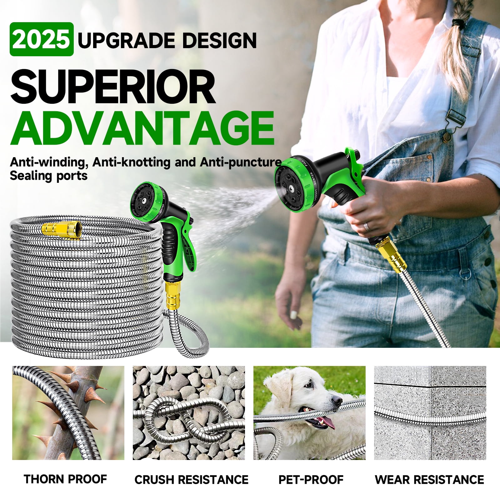 LOVFEN 25FT Garden Hose Metal heavy duty stainless steel with 9 function nozzles Kit, no twist, flexible lightweight hose for yard, outdoor, RV, pet cleaning