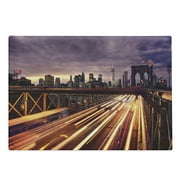 City Cutting Board, Brooklyn Bridge at Night Car Traffic in New York United States Transport, Decorative Tempered Glass Cutting and Serving Board, Large Size, Lilac Dark Orange Yellow, by Ambesonne