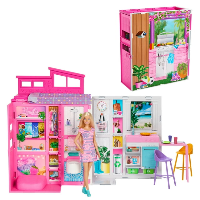 Barbie – Maison portative et poupée, 4 pièces, 11 accessoires