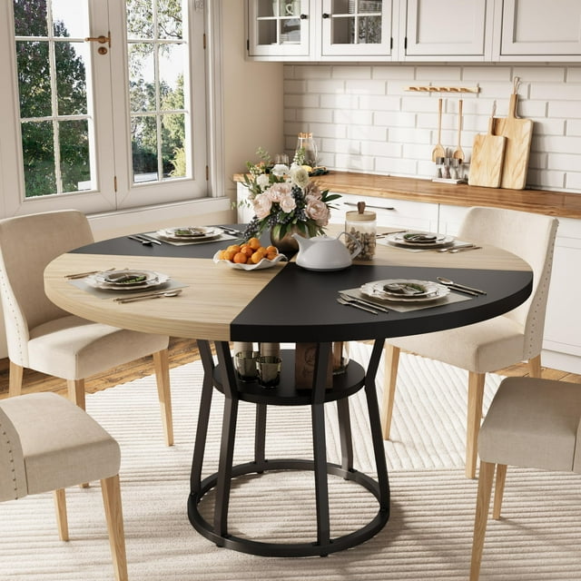 CazToi Table à Manger Ronde de 47 Pouces pour 4, Table de Cuisine Style Ferme Moderne avec Tablette de Rangement, Table Ronde Gain de Place
