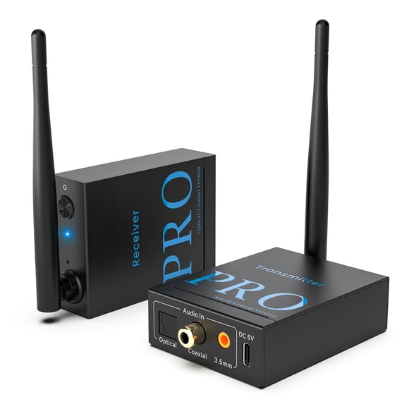 1Mii 2.4GHz Wireless Audio Transmitter and Receiver (1 TX+1 RX), HiFi Audio, 20ms Low Latency, 328ft Long Range Wireless Kit for Speaker/Stereo/Soundbar, Optical/Coaxial/3.5mm(RCA) Ports