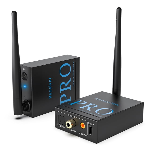 1Mii 2.4GHz Wireless Audio Transmitter and Receiver (1 TX+1 RX), HiFi Audio, 20ms Low Latency, 328ft Long Range Wireless Kit for Speaker/Stereo/Soundbar, Optical/Coaxial/3.5mm(RCA) Ports