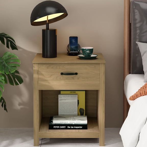 S-HOME Modern Wooden Nightstand with Drawer and Open Shelf, Compact Brown End Table for Bedroom or Living Room Storage