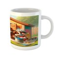 thumbnail image 3 of Ambesonne Dogs Ceramic Coffee Mug, Puppies Painting the Kennel, 11 oz, Apple Green and Orange, 3 of 4