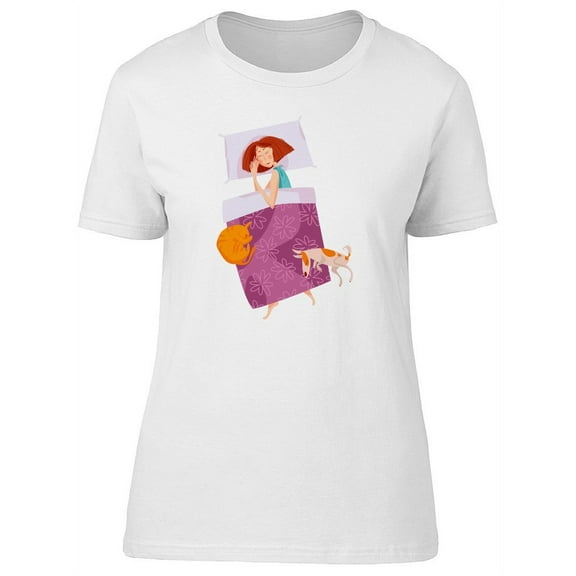 Cute Girl Sleeping With Pets Tee Women's -Image by Shutterstock