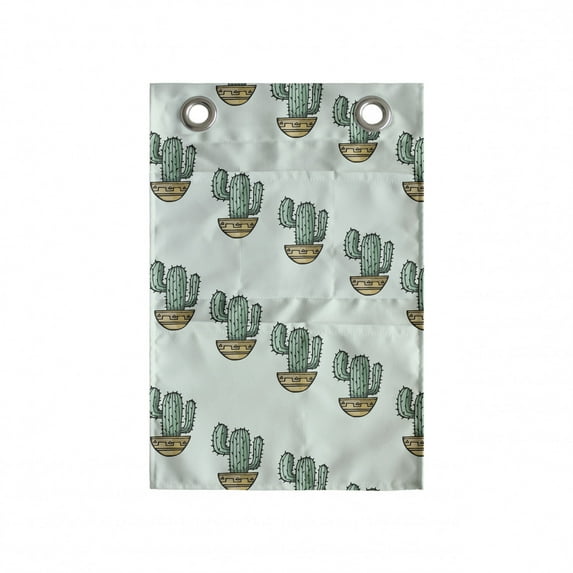 Botanical Hanging Pocket Organizer, Hand Drawn Sketch of Repetitive Cactus Plants in Pots Pastel Design, Printed Polyester Storage Bag with Pockets, 14" x 20", Camel and Laurel Green
