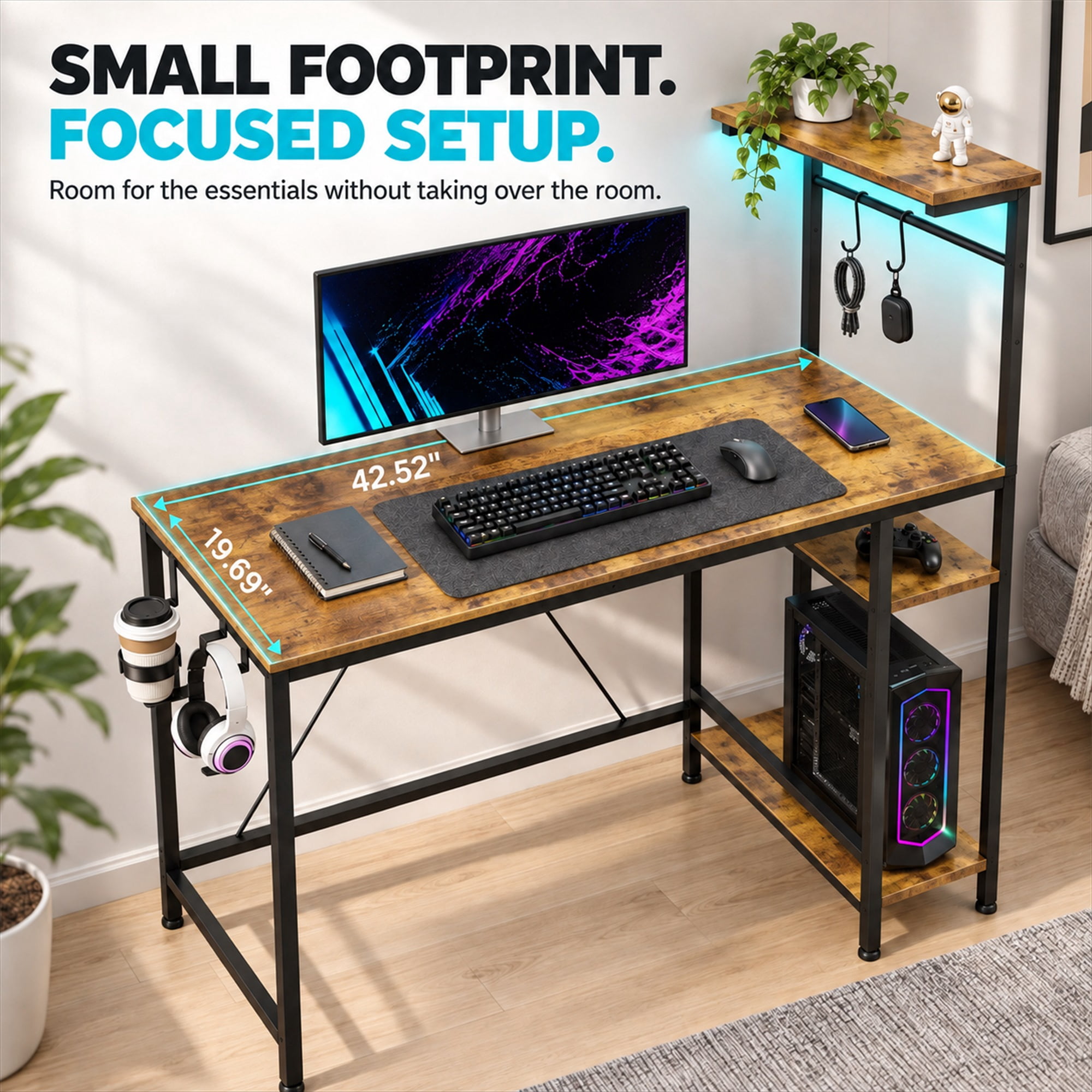 CloudRest Pro 44 Inch Gaming Desk with RGB LED Lights, Reversible Computer Desk with 4-Tier Storage Shelves, Cup Holder and Headphone Hook, Rustic Brown