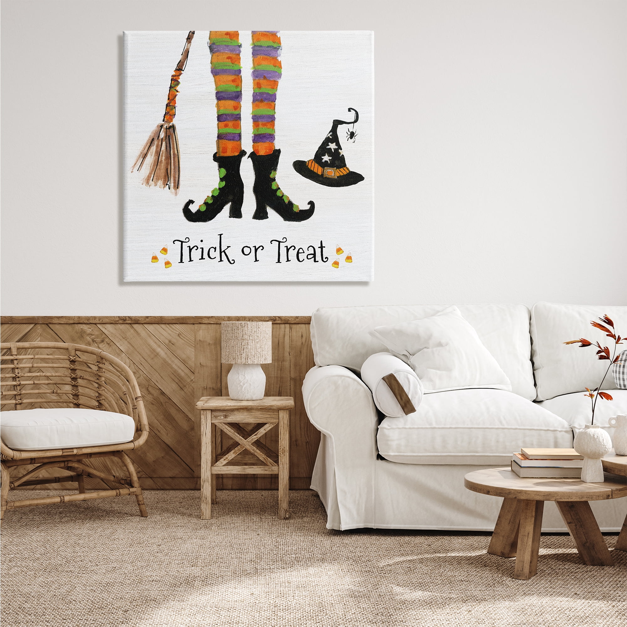 Stupell Indtries Trick Or Treat Phrase Whimsical Striped Witch Socks,36 x 36,Design by Sally Swatland