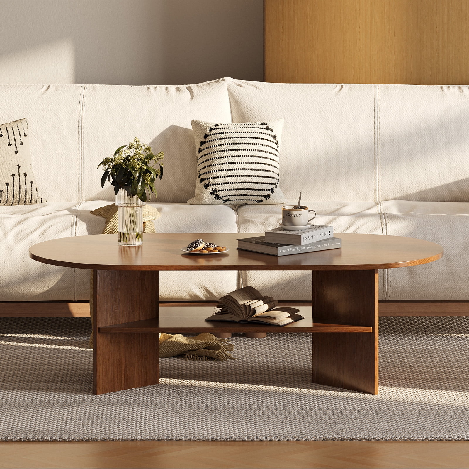 Gelloan 47" Modern Coffee Table,Oval Coffee Table,Double-layer Coffee Table with Sturdy Pedestal for Apartment,Living Room,Bedroom,Walnut