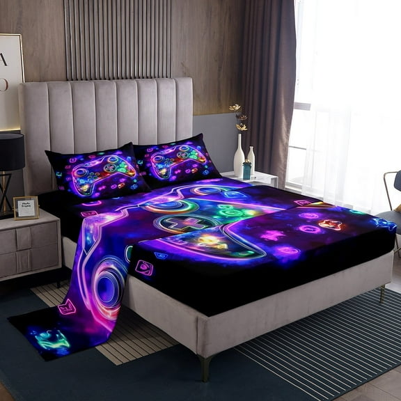 Erosebridal Purple Gamepads Sheet Set Twin,Video Game Bedding Sets Twin Size,Gradient Neon Twin Sheet Sets,Microfiber Gaming Room Decor,3pcs