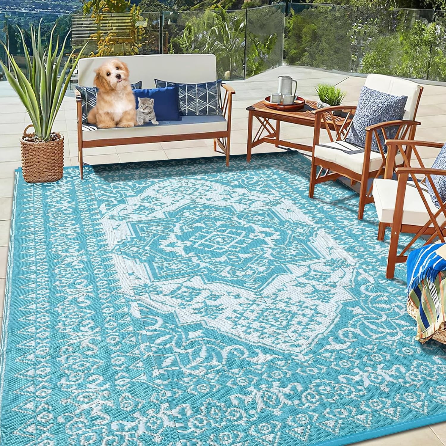 Riedhoff Outdoor Rug 10' X 8', Reversible, Foldable, Light Blue & White Patterned
