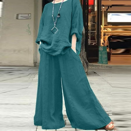 Riforla Women s Summer Fashion Casual Loose Solid Color Cotton Linen Shirt Long Sleeve Pants Set Two Piece Sets for Women 2 Pieces Green XL