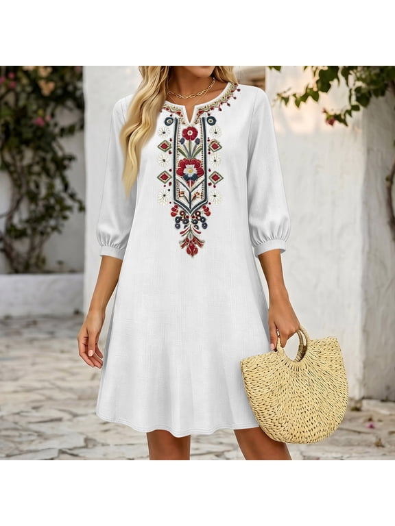 Women's Boho Floral Embroidered Shift Dress, Notch V Neck 3/4 Lantern Sleeve Loose Tunic Dress, Casual Ethnic Embroidered Dress for Vacation Weekend Getaway Casual Outings 07-White M