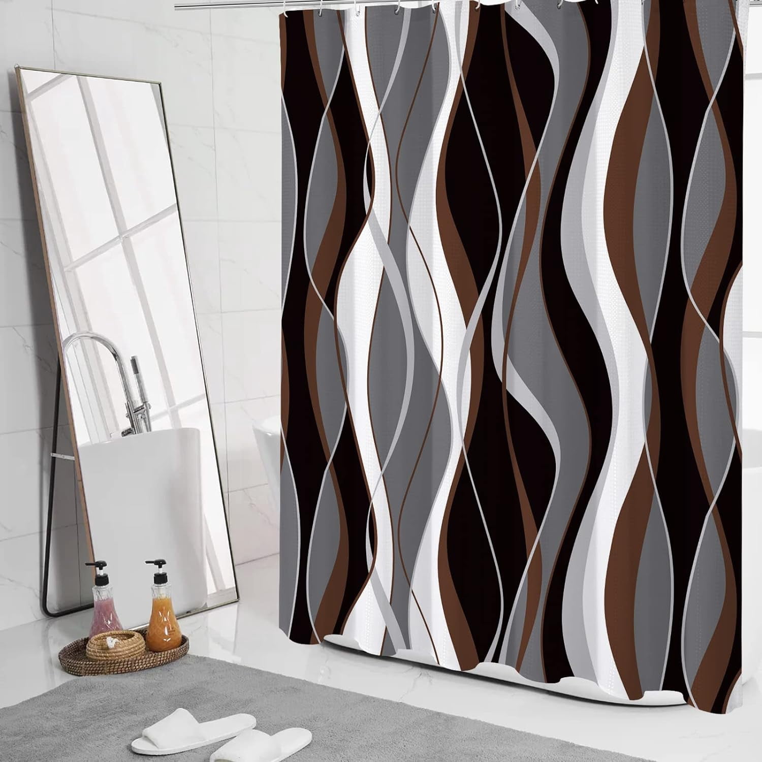 Brown Shower Curtain, Black and Grey Abstract Modern Bathroom Decor, Waffle Weave Textured Fabric Shower Curtain Set with Hooks, 72x72