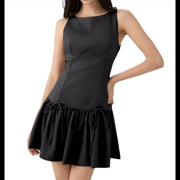 Vestido Mini Plisado Sin Mangas para Mujer, Corte A, Color Liso, Cuello Redondo, Cintura Ceñida, Lazo y Cremallera en la Espalda Negro S
