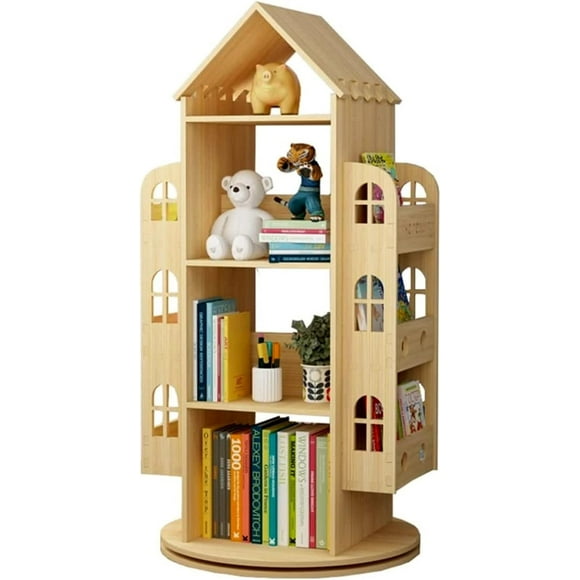 4-Tier Rotating House-Shaped Bookshelf, 360° Solid Wood Rotating Stackable Shelves Bookshelf Organizer for Home Bedroom Office_Intexca