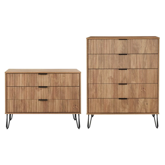 2-Piece DUMBO 5-Drawer Tall Dresser and 3-Drawer Standard Dresser in Gold Brown